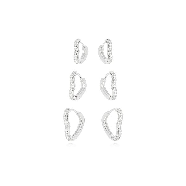 Brinco 3 Furos Argola Coração Zircônia - Ródio Branco