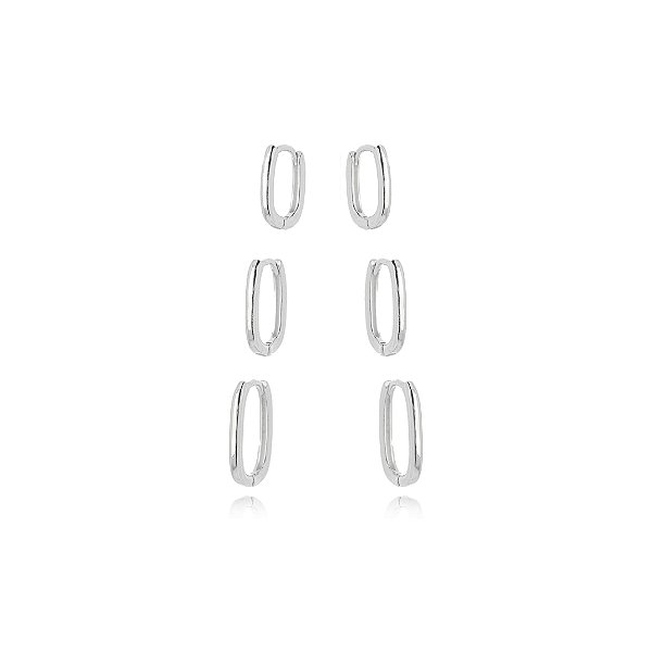 Brinco Trio Argola Retangular Lisa - Ródio Branco