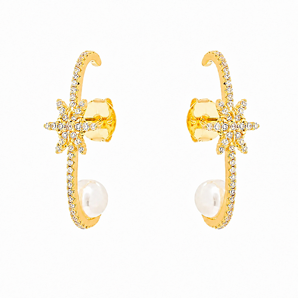 Brinco Ear Hook Estrela Cravejado e Pérola – Banho em Ouro 18K