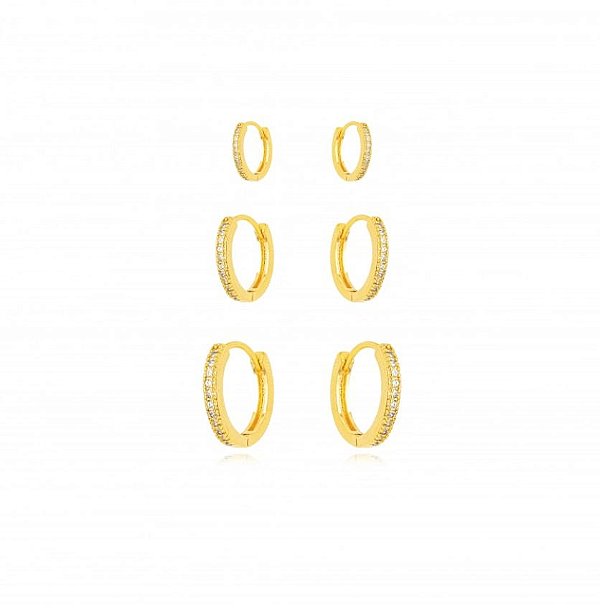 Brinco 3 Furos Argola Micro Zircônia - Ouro