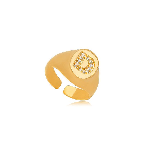 Anel Mindinho Letra D  Micro Zircônia - Ouro Regulável