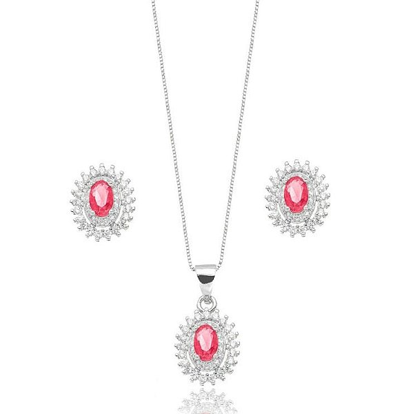 Conjunto Oval Cravejado - Ródio Branco Rubi