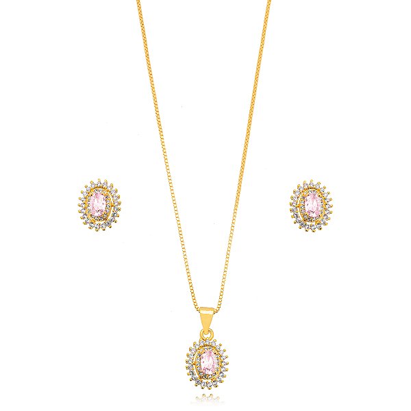 Conjunto Oval Cravejado - Ouro Rosa Quartzo