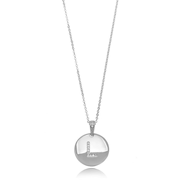 Colar Medalha Letra L Micro Zircônia - Ródio Branco