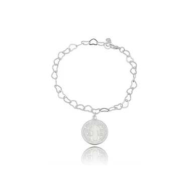 Pulseira Religiosa Elos Coração São Bento - Ródio Branco