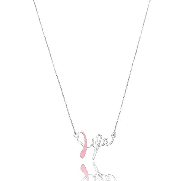 Colar Life Resinado Rosa - Ródio Branco