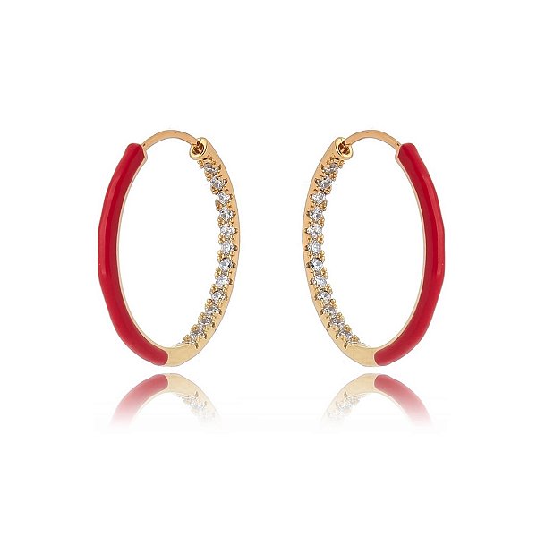 Brinco Argola Resinada Vermelho Cravejada - Ouro