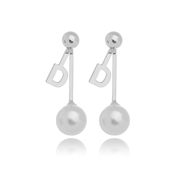 Brinco Ear Jacket Letra D Pérola - Ródio Branco