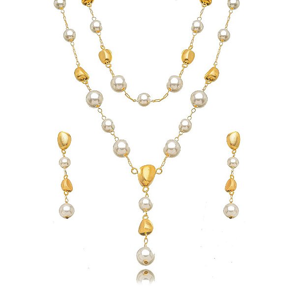 Conjunto Pérola e Dourado com Colar Duplo Gravata – Banho em Ouro 18K