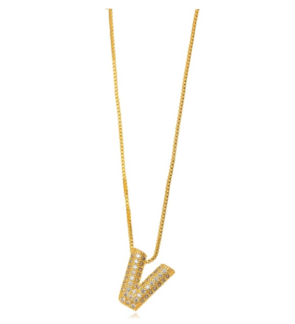 Colar Letra V Micro Zircônia - Ouro V