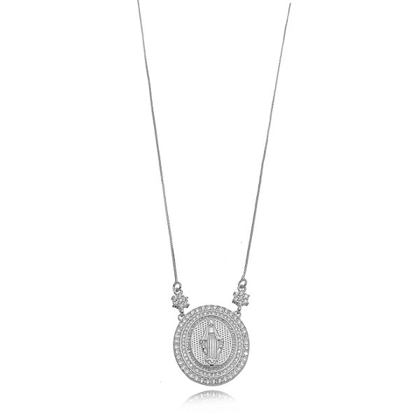 COLAR RELIGIOSO NOSSA SENHORA MICRO ZIRCONIA - RÓDIO BRANCO