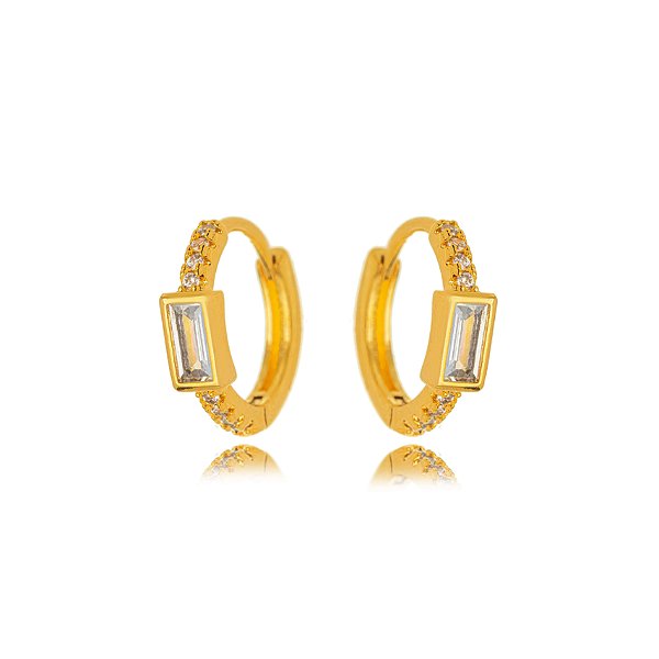 Brinco Argola Cravejada com Zircônia Retangular - Banho de Ouro