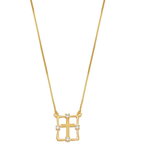 Colar Religioso Cruz Cristais - Ouro