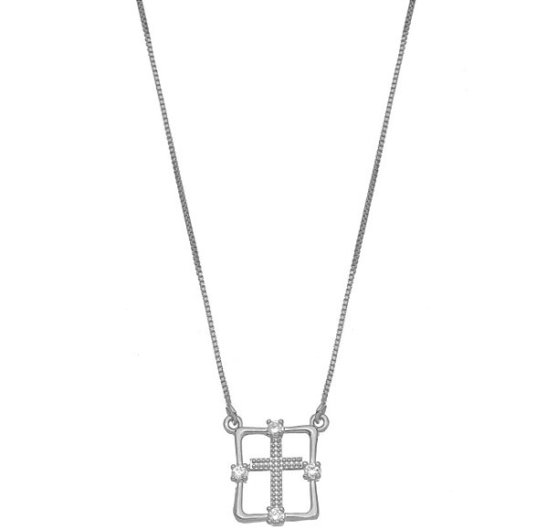 Colar Religioso Cruz Cristais - Ródio Branco