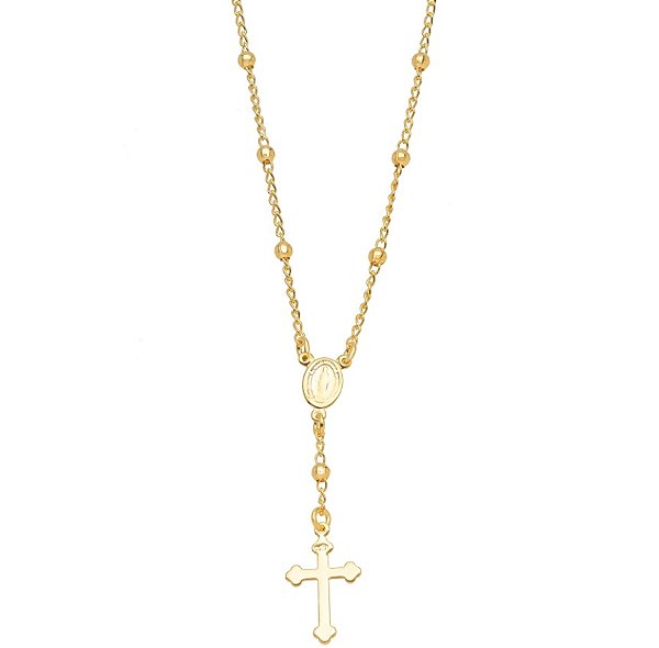 Colar Semijoia Terço Cruz Bolas Lisas - Ouro