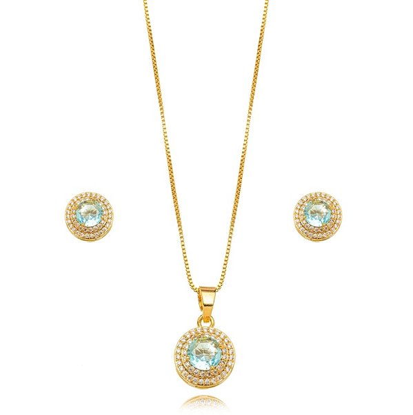 Conjunto Semijoia Redondo Cravejado - Ouro Cristal