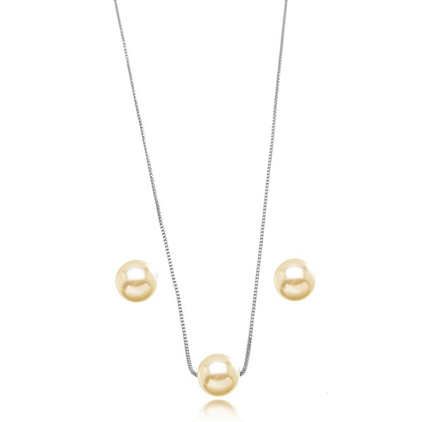 Conjunto Semijoia Pérola. - Ródio Branco