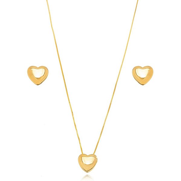 Conjunto Semijoia Coração Liso - Ouro