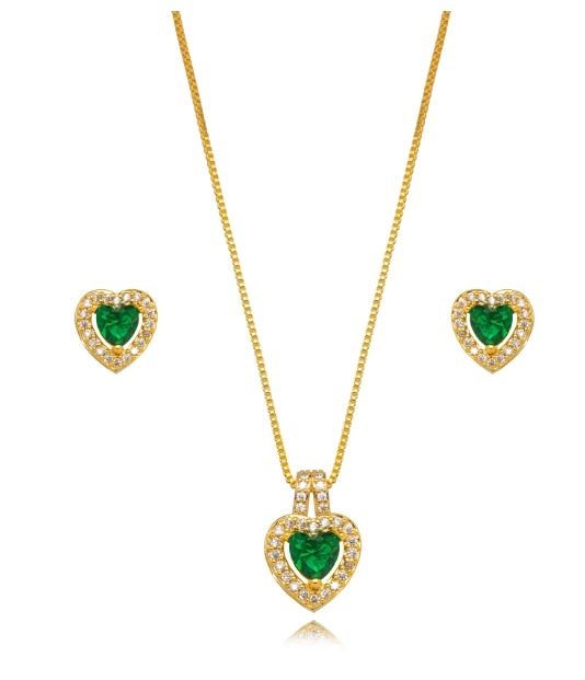 Conjunto Semijoia Coração Cravejado - Ouro Esmeralda