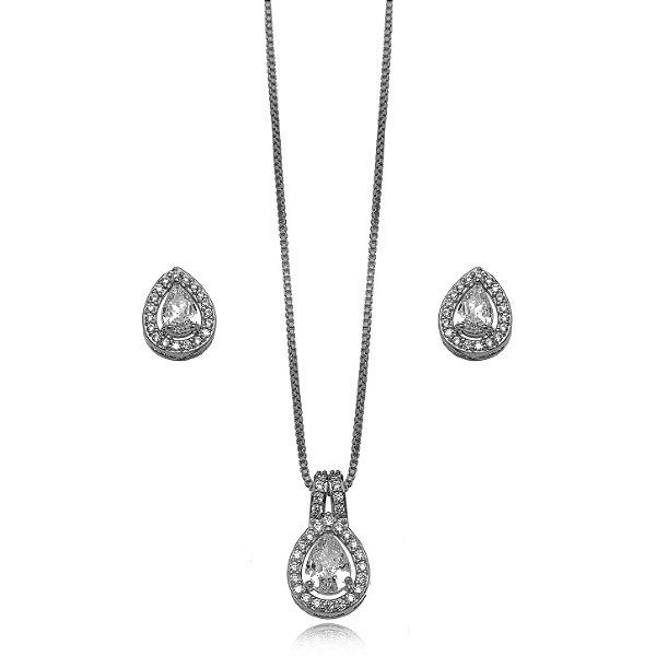 Conjunto Semijoia Gota Cravejado - Ródio Branco Cristal