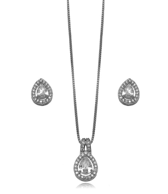 Conjunto Semijoia Gota Cravejado - Ródio Branco Cristal
