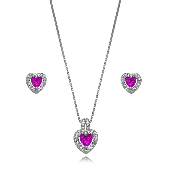 Conjunto Semijoia Coração Cravejado - Ródio Branco Pink