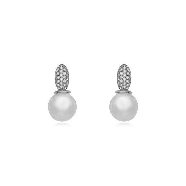 Brinco Cravejado com Perola - Ródio Branco