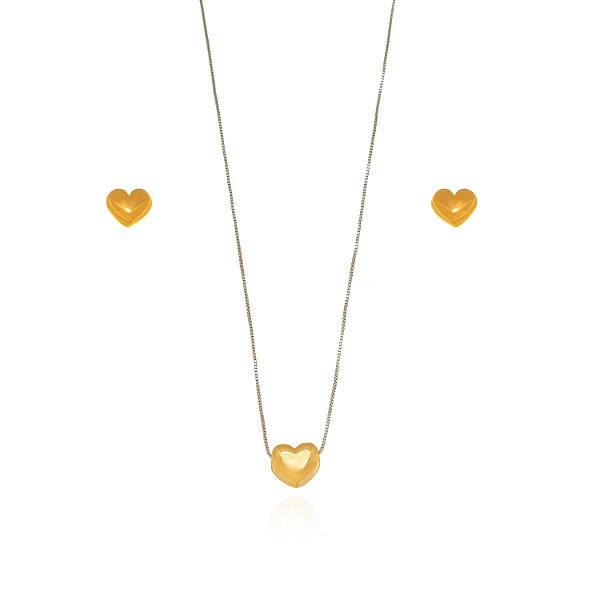 Conjunto Semijoia Coração Liso Bicolor