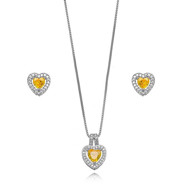 Conjunto Semijoia Coração Cravejado - Ródio Branco Citrino