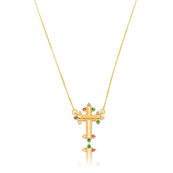 Colar Religioso Cruz Zircônia Color - Ouro