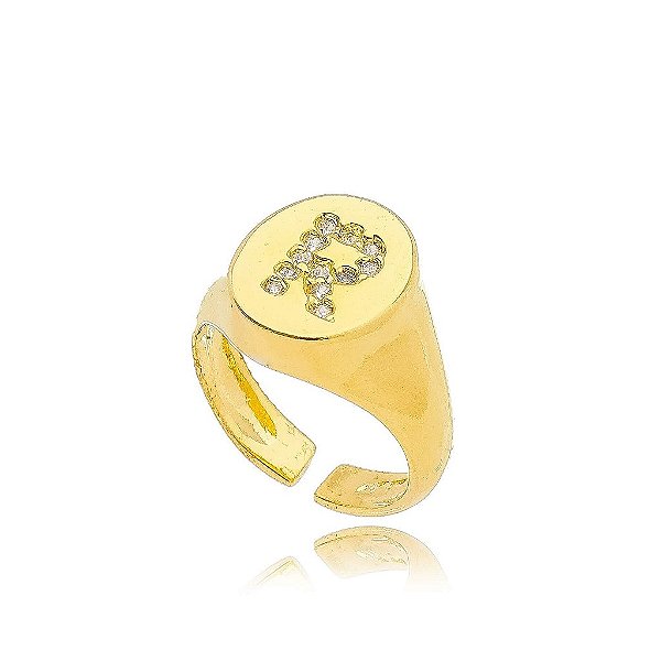 Anel Mindinho Letra R Micro Zircônia - Ouro Regulável