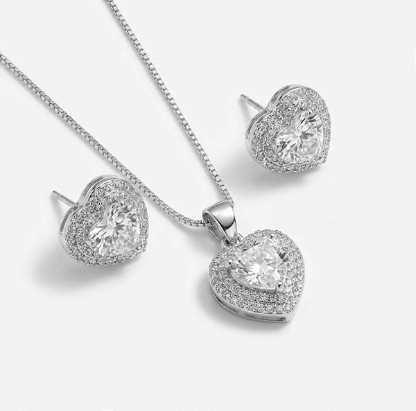 Conjunto Coração Cravejado - Ródio Branco