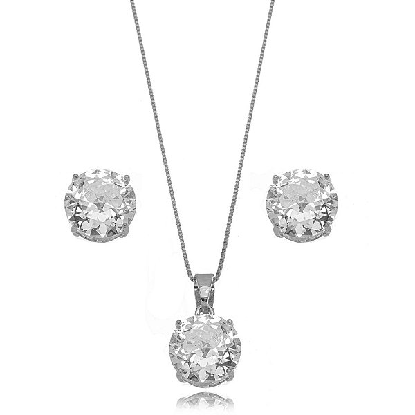 Conjunto Semijoia Ponto De Luz Cristal - Ródio Branco