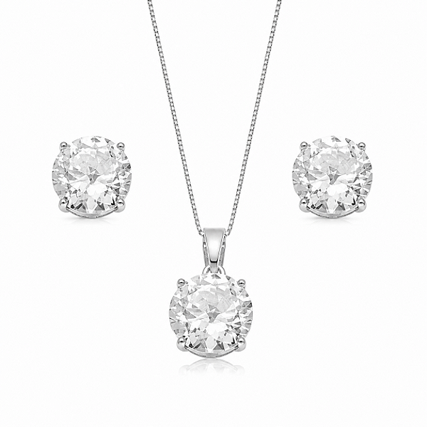 Conjunto Semijoia Ponto De Luz Cristal - Ródio Branco