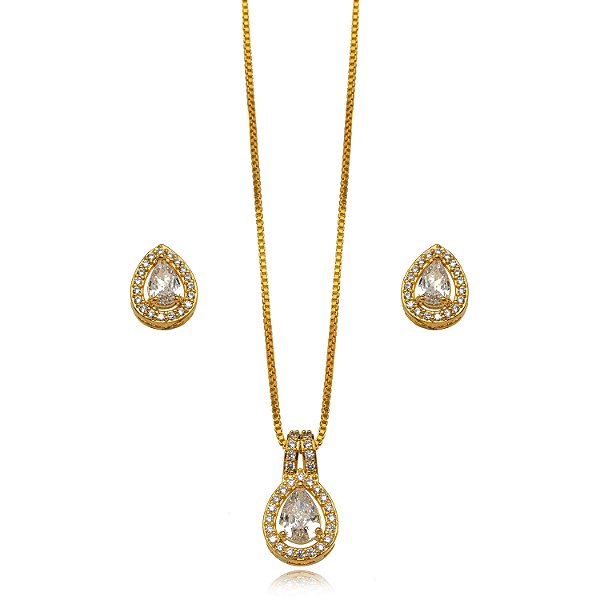 Conjunto Semijoia Gota Cravejado - Ouro Cristal