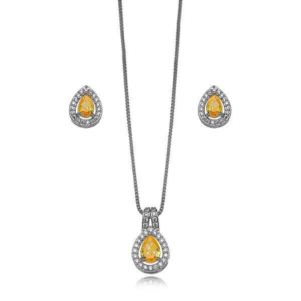 Conjunto Semijoia Gota Cravejado - Ródio Branco Citrino