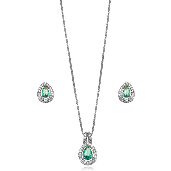 Conjunto Semijoia Gota Cravejado - Ródio Branco Turmalina