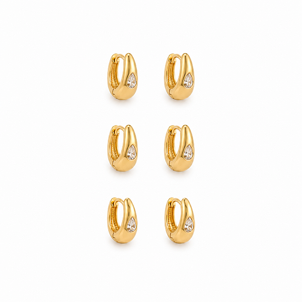 Brinco Trio de Argolas Gota Cravejada – Banho em Ouro Amarelo 18K