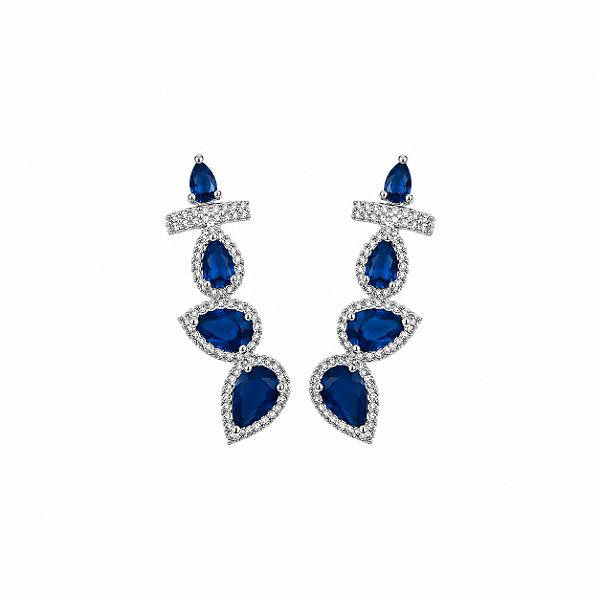 Brinco Ear Cuff Gota Cravejado Safira - Ródio Branco