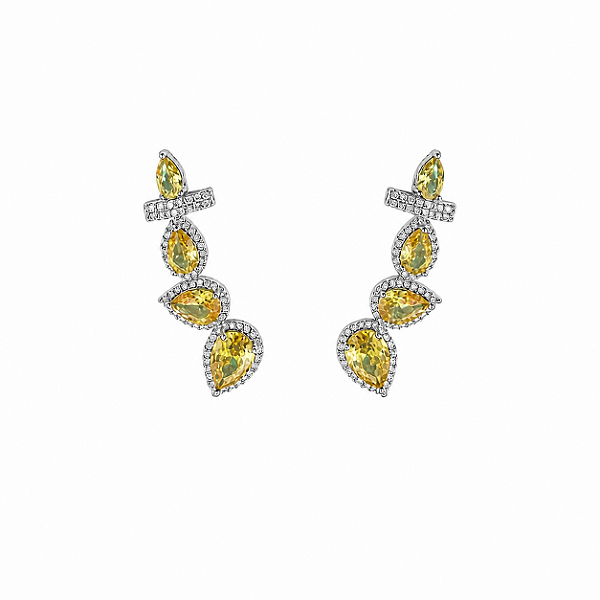 Brinco Ear Cuff Gota Cravejado Citrino – Banho em Ródio Branco