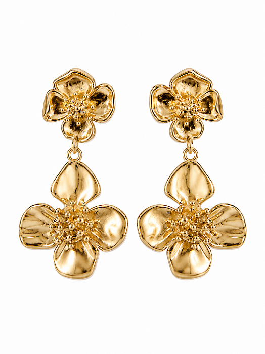 Brinco Flores Duplas Orgânicas – Banho em Ouro