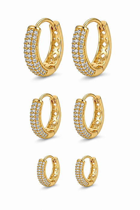 Brinco Trio de Argolas Cravejadas – Banho em Ouro