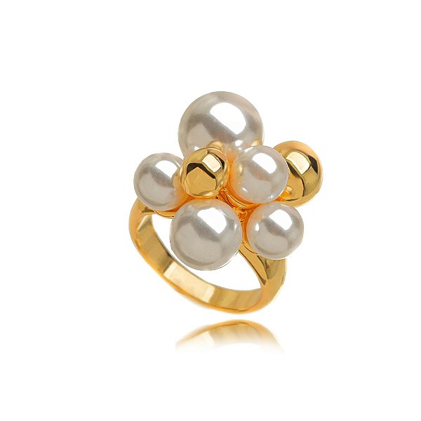 Anel Esferas com Pérolas – Banho em Ouro Tamanho 17