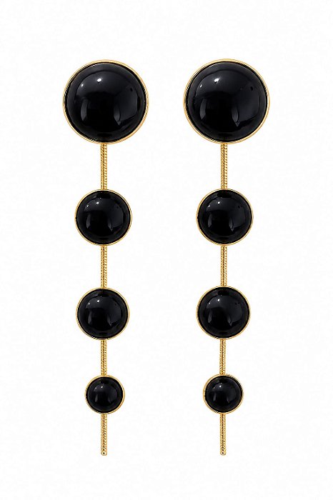 Brinco Longo Esferas Esmaltadas Preto – Banho em Ouro Amarelo 18K