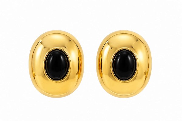 Brinco Oval com Pedra Preta – Banho em Ouro Amarelo 18K