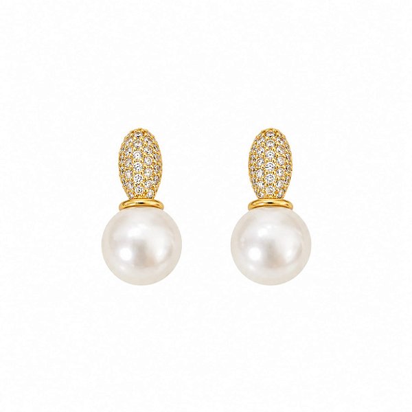 Brinco Pérola com Micro Zircônias - Banho em Ouro 18K