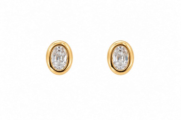 Brinco Oval Zircônia Cristal Banho em Ouro 18K