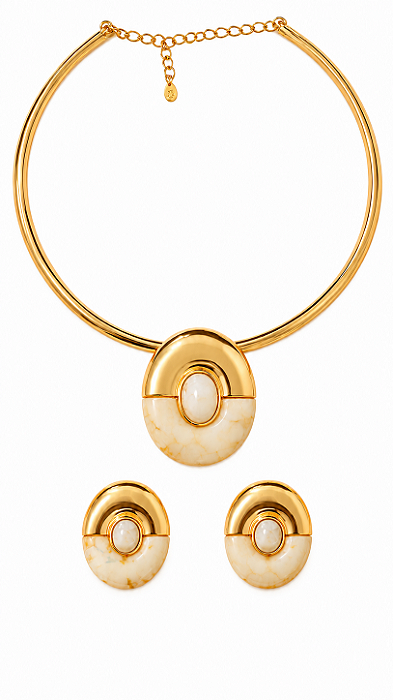 Conjunto Oval Esmaltado – Banho em Ouro 18K
