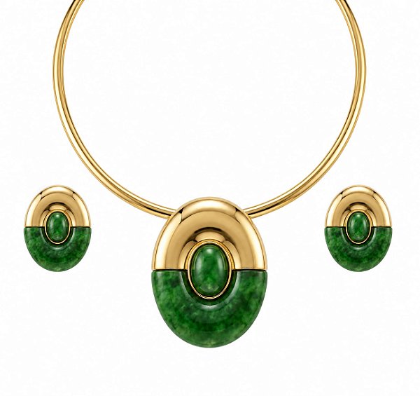 Conjunto Oval Esmaltado Verde Esmeralda – Banho em Ouro 18K