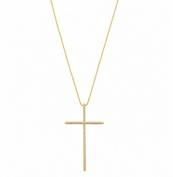 Colar Religioso Cruz Cravejada com Micro Zircônias – Banho em Ouro 18K